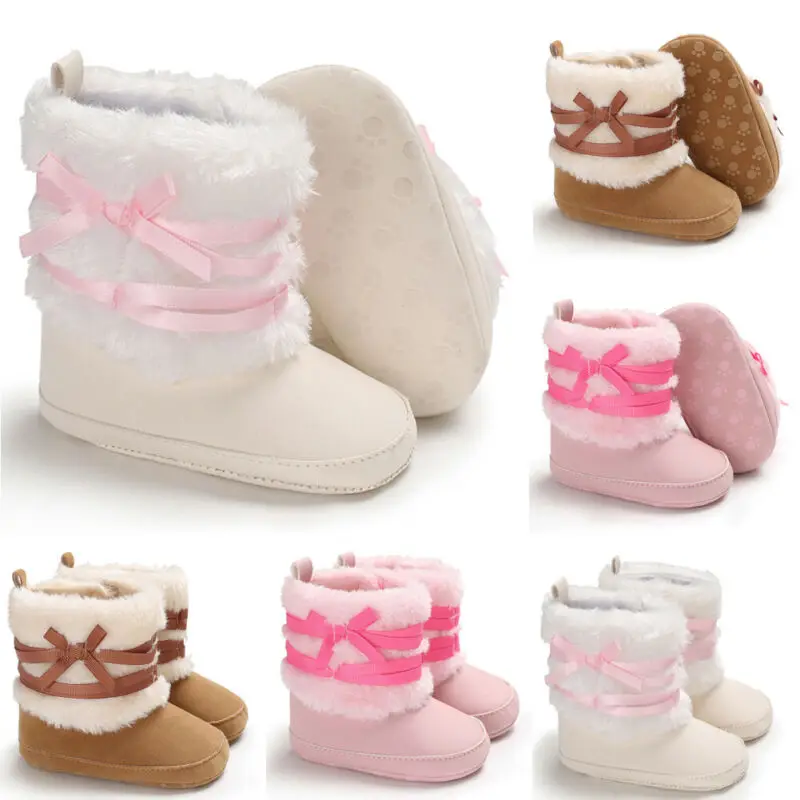 Милый, для новорожденных Девичьи зимние сапоги зимние теплый плюш детские пинетки для малышей милое платье с бантом для новорожденных из искусственной кожи; ботинки
