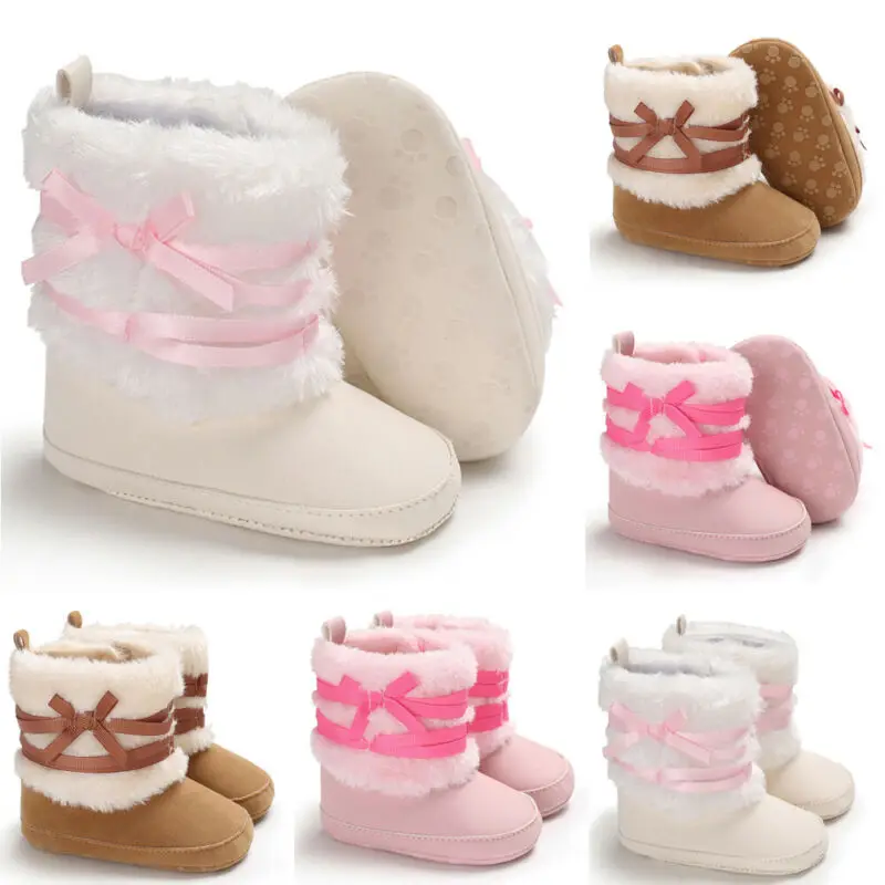 

Sweet Newborn Baby Girls Snow Boots Winter Warm Plush Booties Toddler Infant Cute Bow Crib PU Leather Shoes Booties