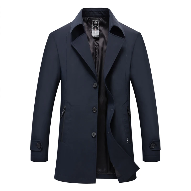 

Trench Men Turn-down Collar Trench Coat Men Solid Navy Blue & Black Mens Coats Long Coat Men Casual Windbreaker Long Jacket Men