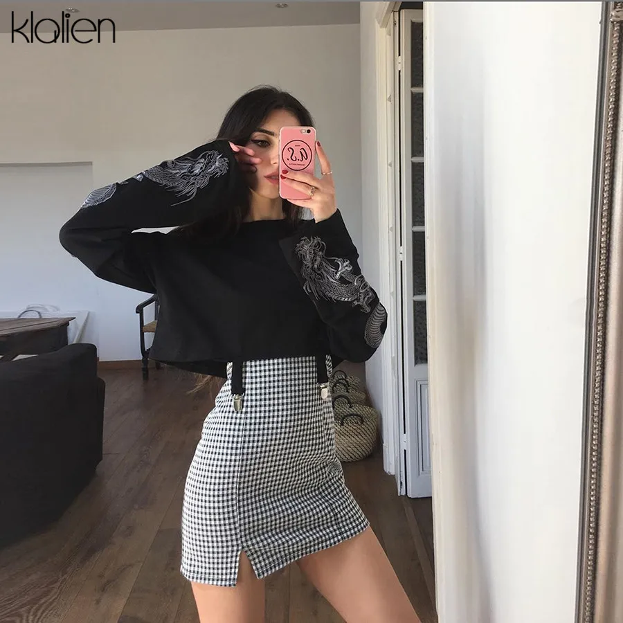 KLALIEN/Новинка 2019 года; модный Женский Повседневный укороченный топ с принтом дракона; Свободные толстовки с широкими расклешенными рукавами