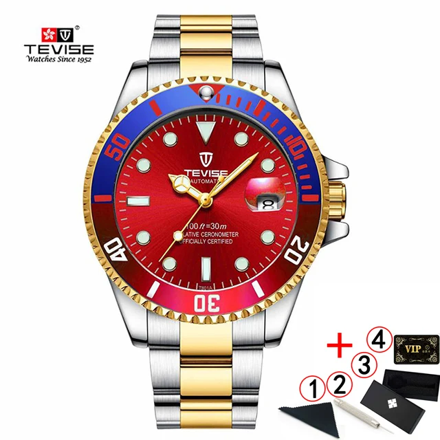 red-gold-silver-box TEVISE T801 часы мужские автоматические механические водонепроницаемые мужские s часы лучший бренд класса люкс синие золотые наручные часы montre homme - Цвет: red-gold-silver-box