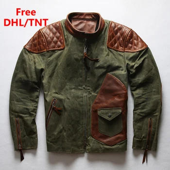 

Genuine Cow Leather Canvas Coat Men's Army Designer Vintage Thick Cowhide Wax Water Proof Spring Autumn Jacket DHL Free Shipping