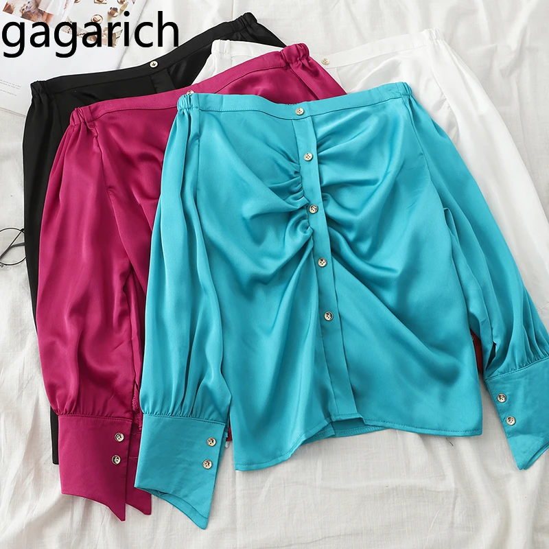 

Gagarich 2020 Spring New Women Blouses Ladies Slash Neck Off Shoulder Button Solid Shirts Office Lady Elegant Short Tops Casual