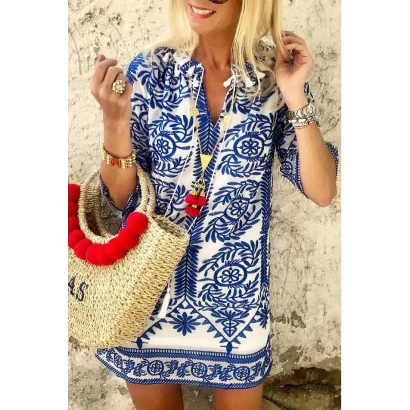 Boho Embroidered Dress in Yellow 3/4 flare sleeve mini summer dress V-neck holiday chic ukraine women dress tassle gypsy vestido