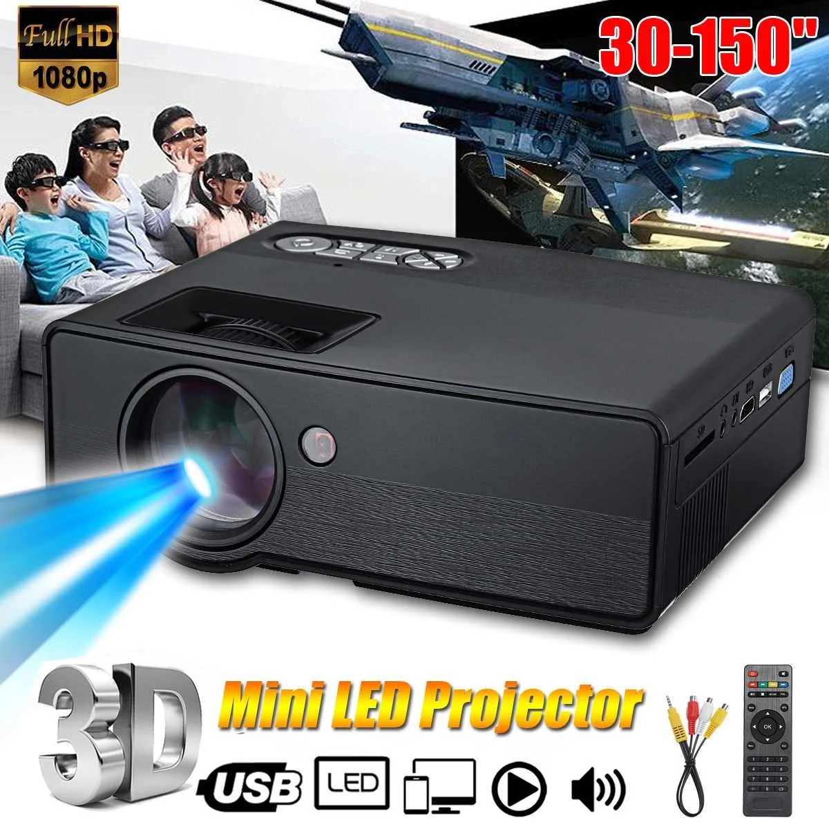 

LEORY 1080P 110-240V High Resolution HD Portable Mini LED Projector Support SD/AV/HD/USB/VGA Black/White For Home Party Use