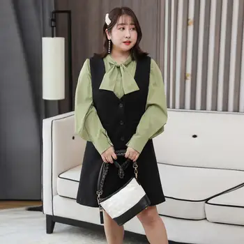 

Women's spring solid color French bow two-piece dress plus size knee length casual dress 100 kg can be worn
