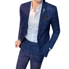 ( Jacket + Pants ) High-end Formal Business Social Office Mens Slim Suit 2pces Set Stripes & Plaid Groom Wedding Dress Male Suit