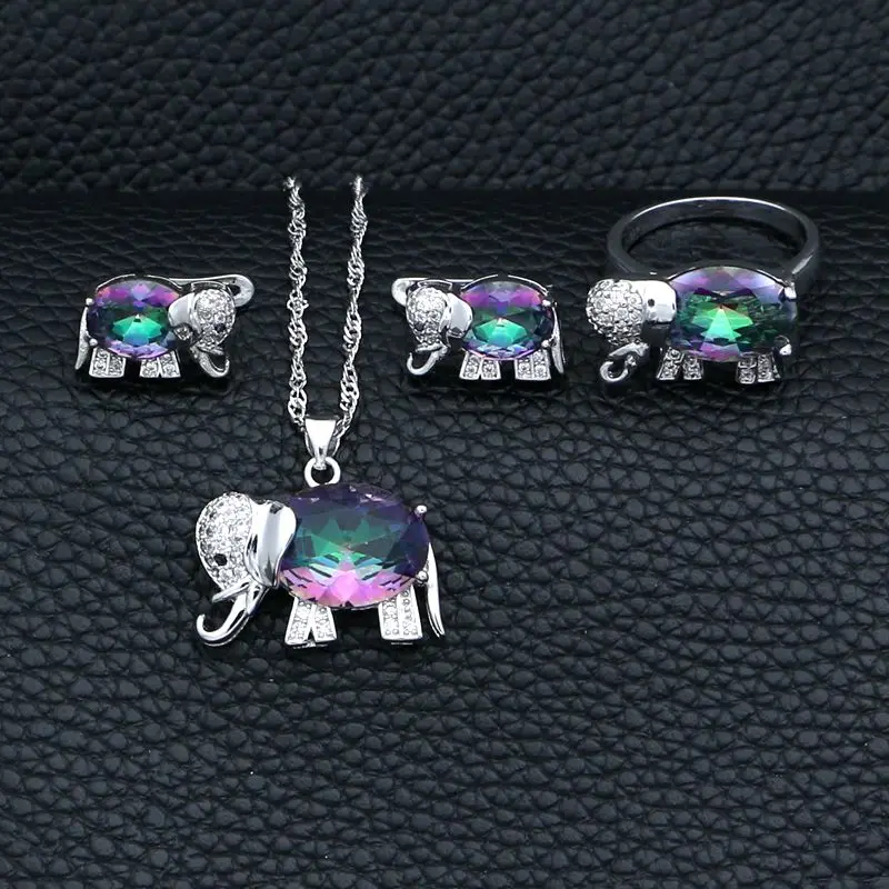 Elephant 925 Silver Jewelry Sets Mystic Rainbow Cubic Zirconia White Crystal Stud Earrings/Pendant/Necklace/Ring Set | Украшения и