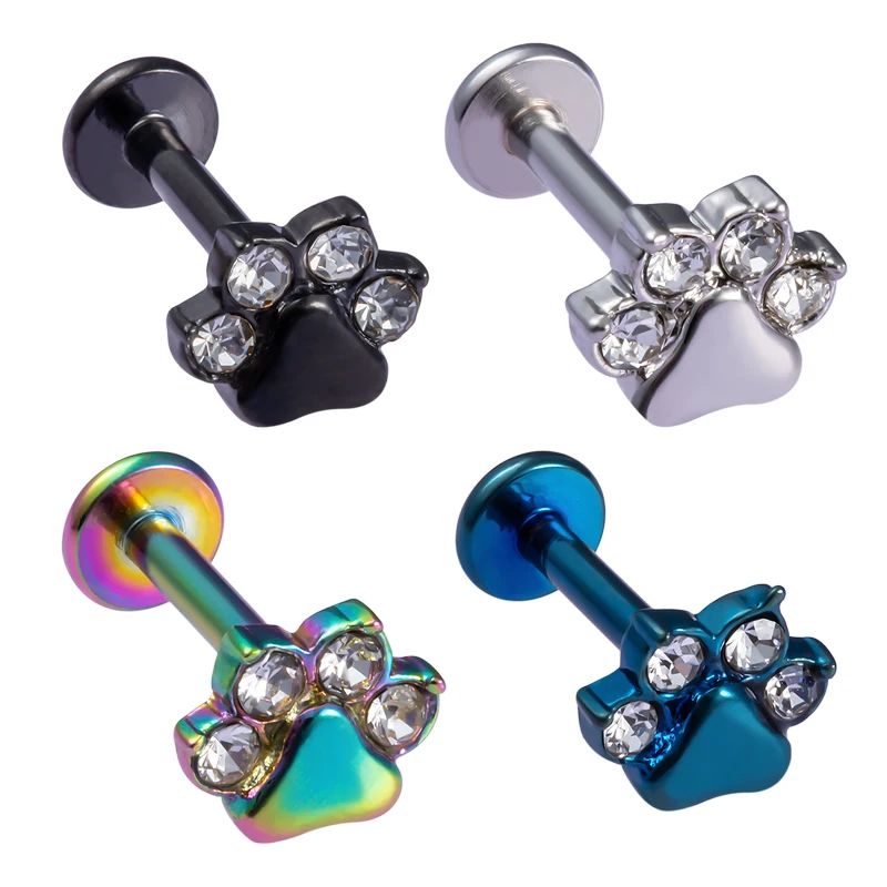 Paw Labret Monroe Lip Ring Bar Stud Zircon Internally Threaded 16G Tragus Helix Ear Cartilage Piercing Earring Body Jewelry 1PC piercing jewelry,body piercing earrings,ear piercing jewelry,body piercing jewelry,body jewelry