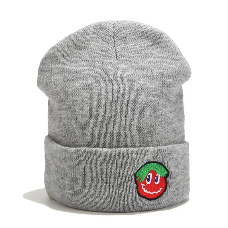Осенняя женская шапка, зимняя вязаная шапка, милая Клубничная вышивка, громоздкие шапочки для дам, черная шапка в стиле хип-хоп - Цвет: HT3328GY