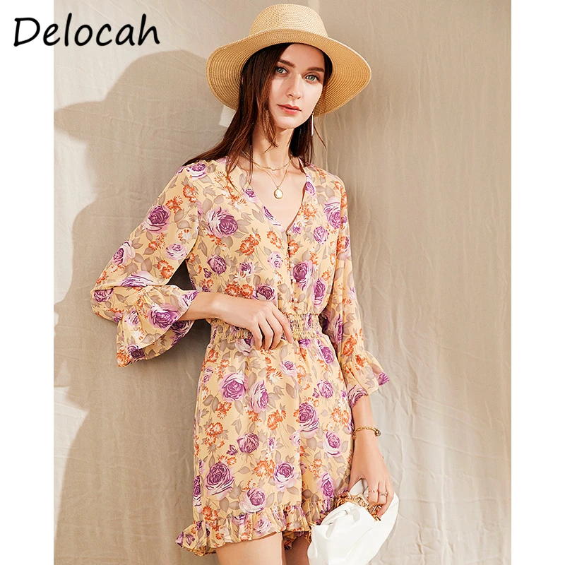

Delocah Women Fashion Runway Shorts Romper Summer Sexy V-Neck Button Elastic Waist Floral Print Ladies Jumpsuit Holiday Bodysuit