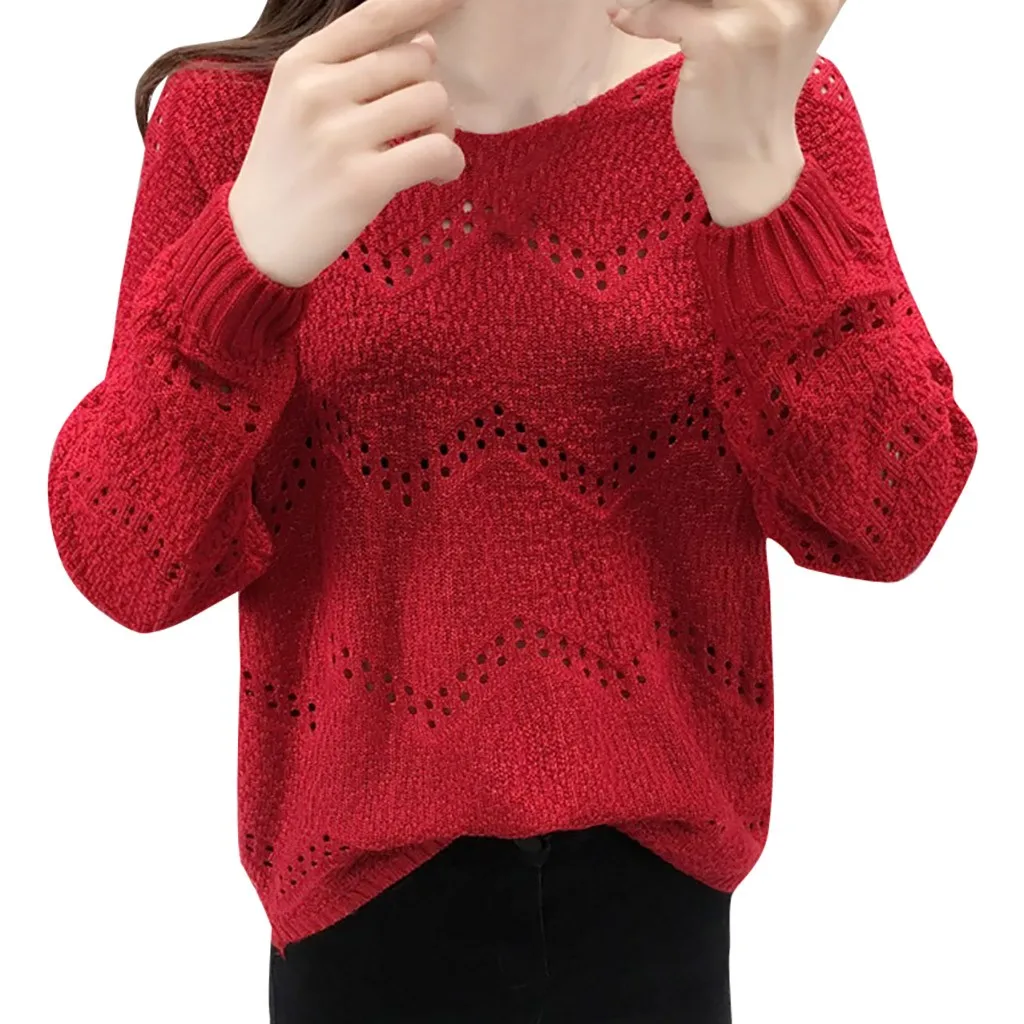 Jaycosin Fashion Women Casual Simple Long Sleeve Knitting V-Neck Sweater Stylish Comfortable Bottoming Hollowed Out Sweater