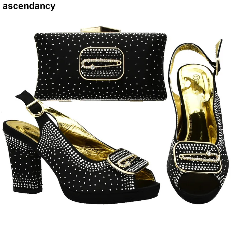 

Ladies Shoes with Matching Bags Set for Wedding Women Italian African Party Pumps Shoes and Bag Rhinestone Heels Women Shoes
