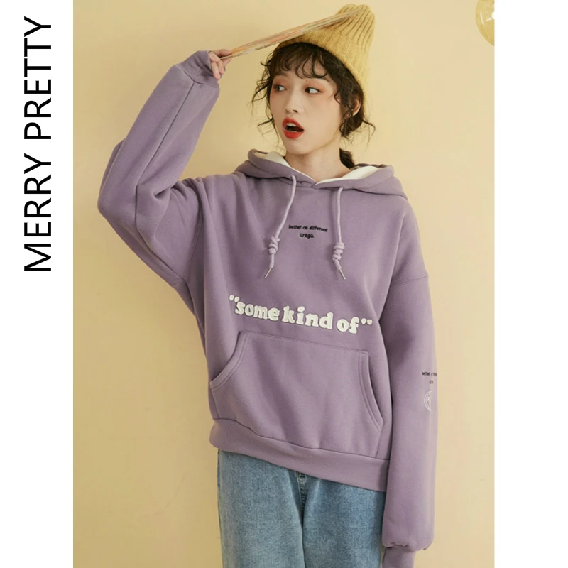 Merry Pretty женские толстовки Harajuku с надписями и аппликацией плюс бархатные флисовые толстовки с карманами зимние толстые пуловеры с капюшоном