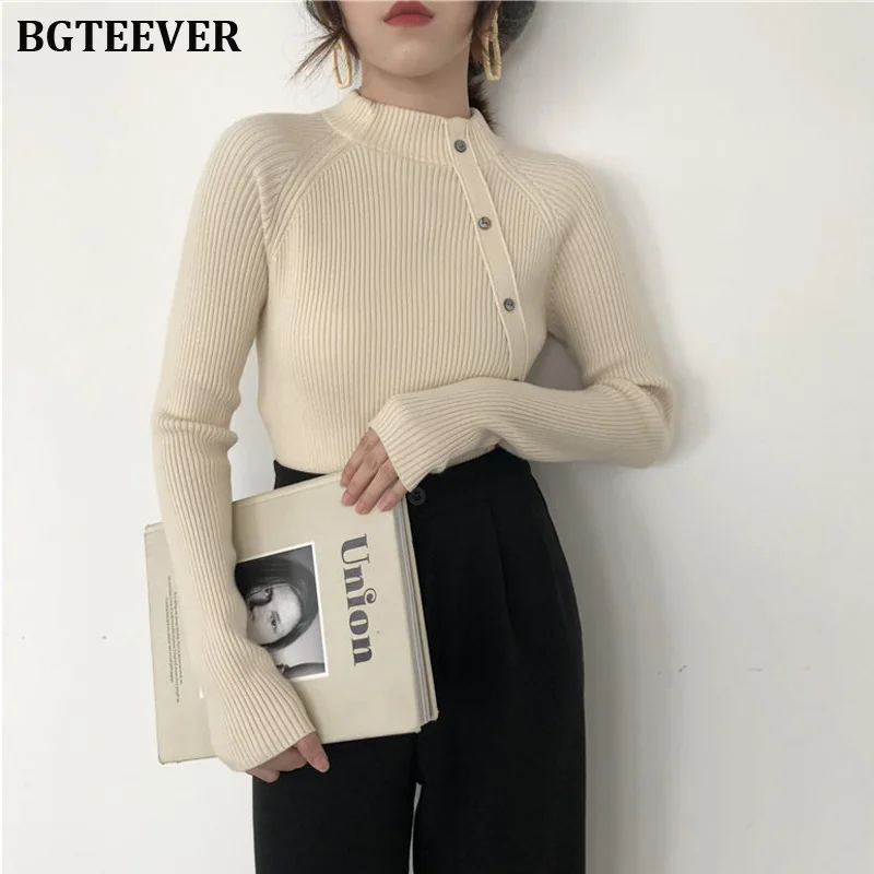 

Casual Autumn Winter Basic Thick Sweater Women Knitted Pullovers Stretch Buttons Turtleneck Sweater Female Warm Jumper 2019