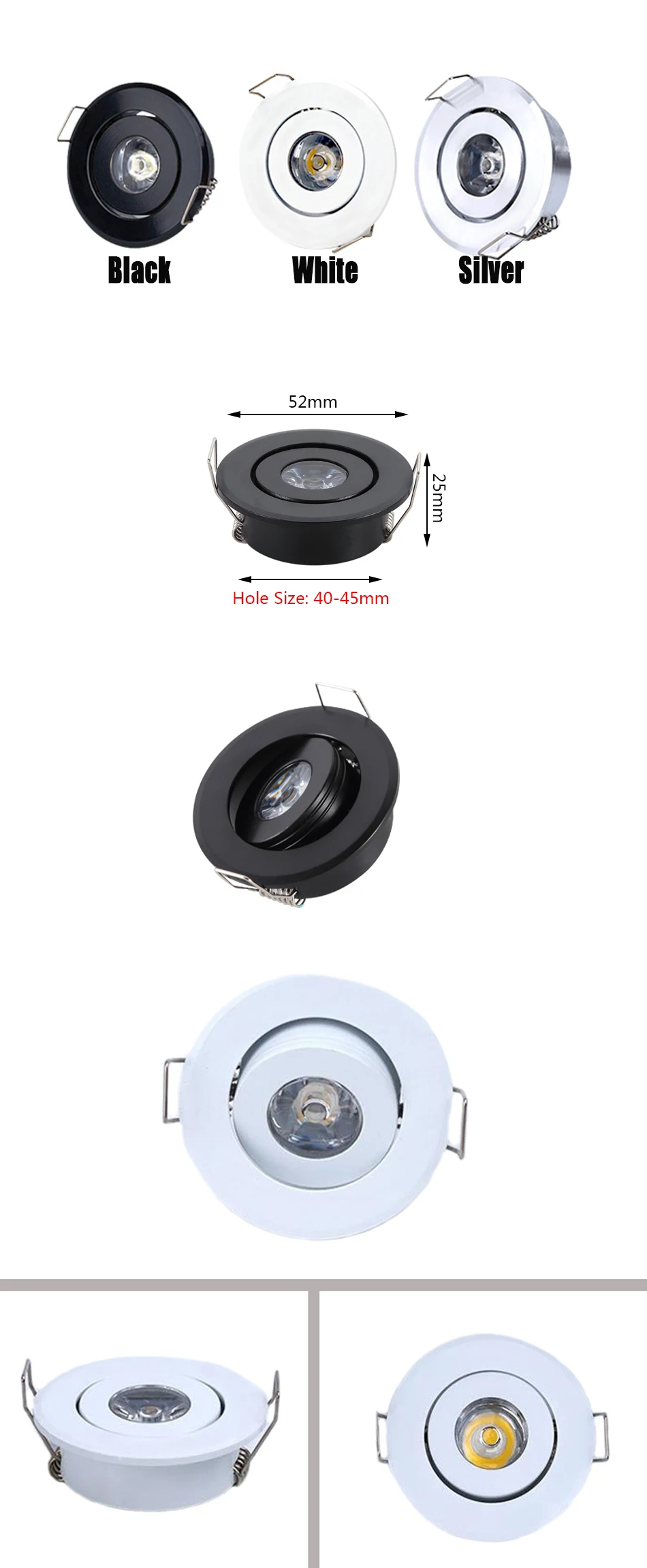 Description Picture 2 of itemDimmable 1W 3W Mini Round High Power LED Recessed Ceiling Down Light Lamps Spotlight for Living Room Cabinet Bedroom 85-265V