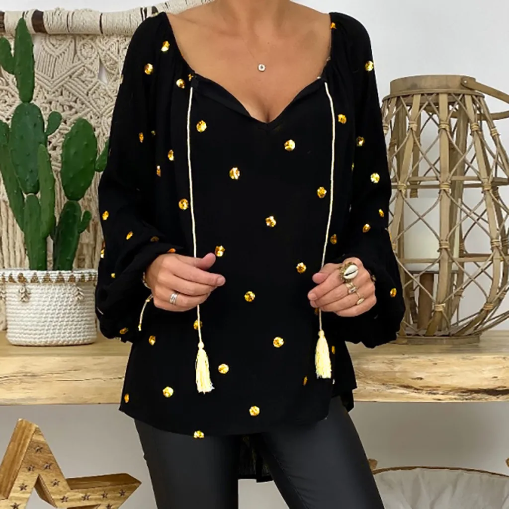 Blusa holgada con dibujo de lunares para verano, camisa de manga larga con cuello de pico para mujer, talla grande 5xl, # S