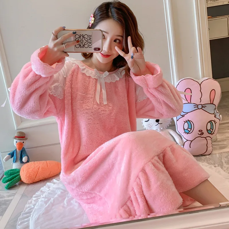 

Winter Coral Velvet Pajamas Women Long Sleeve Flannel Nightgown Women's Home Wear Panda Velvet 280 Grams M -Xxl