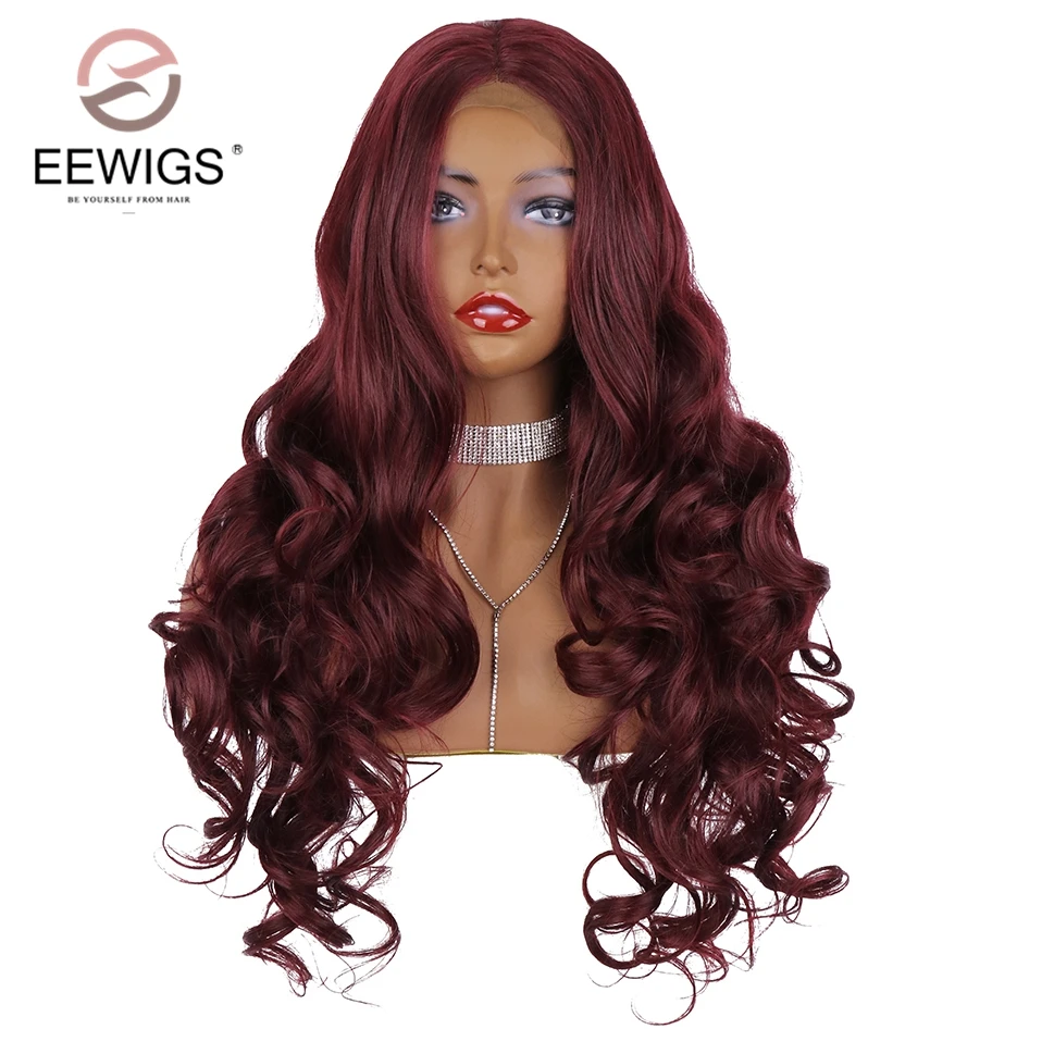 EEWIGS медный красный кружевной парик бесклеевой бордовый жаростойкий парик 180% Плотность мятно-зеленый синтетический парик на кружеве для женщин