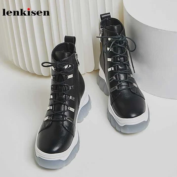 

Lenkisen leisure style genuine leather boots rivets thick bottom round toe high heels lace up winter women warm ankle boots L37