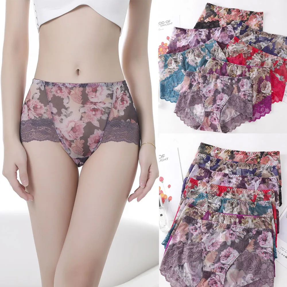 

Ladies Sexy Panties Seamless High-end Lace Flower Print Middle Waist Underwear Breathable Ultra-thin Transparent Mesh Underwear
