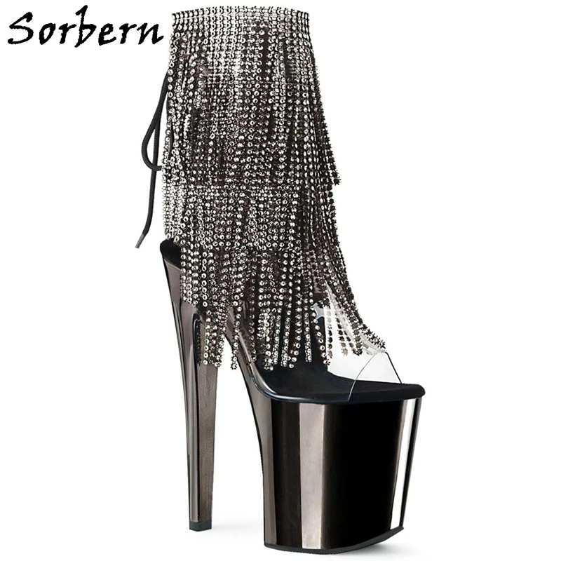 

Sorbern Fashion Tassel Crystal Ankle Boots For Women Open Toe 20Cm Extrem High Heels See Through Pvc Short Boots Summer Style