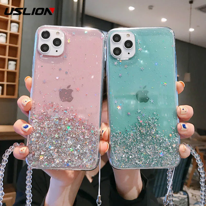Чехол с цепочкой USLION для iPhone 11 Pro Max X XS XR Xs 6 6S 7 8 Plus блестящий прозрачный мягкий