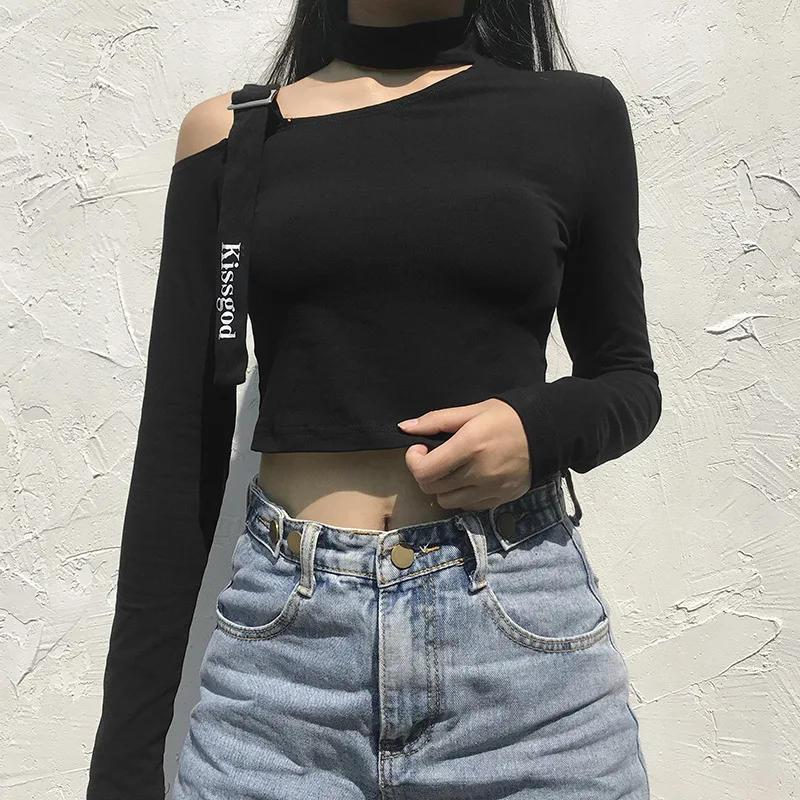 

Women Inclined Shoulder T-shirt Long Sleeve Round Neck Crop Top Hollow-out Letter Print Undershirt