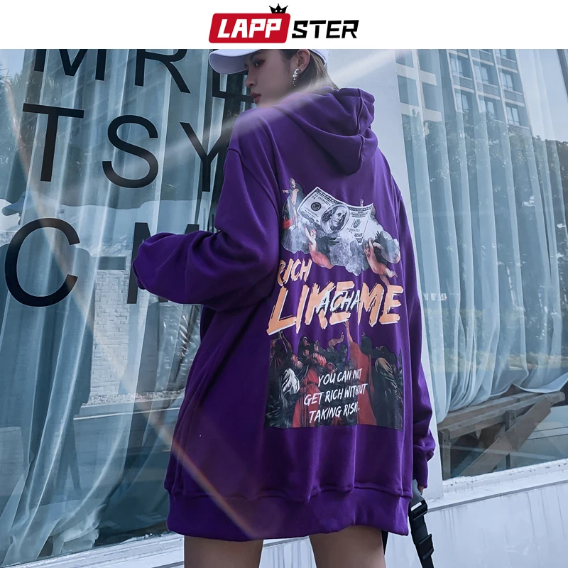 LAPPSTER пара деньги печати Уличная толстовки с капюшоном Осень Мужчины негабаритных хип хоп Harajuku толстовки черный свободный балахон