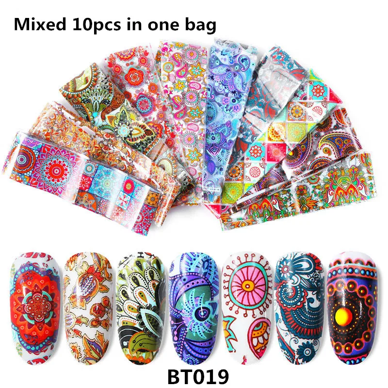 

10Pcs Charm Nail Foil Vintage Flower Designs Colorful Starry Transfer Sticker Wraps Adhesive Decals Nail Art Decorations