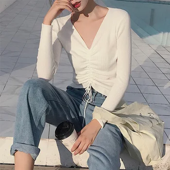 

New Spring Drawstring V Neck Sweater Women Ruched Knitted Pullover Women Sweaters and Pullovers Knit Jumper Ladies Sweater