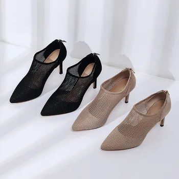 

Autumn new sheepskin mesh breathable sexy pointed female thin high heel black apricot ankle boots