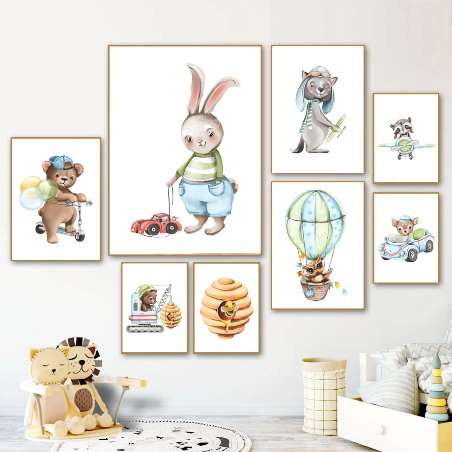 Rabbit Bear Bee Owl Deer Aircraft Car Balloon Wall Art Canvas Painting Nordic Posters And Prints Pictures Kids Room Decor | Дом и сад
