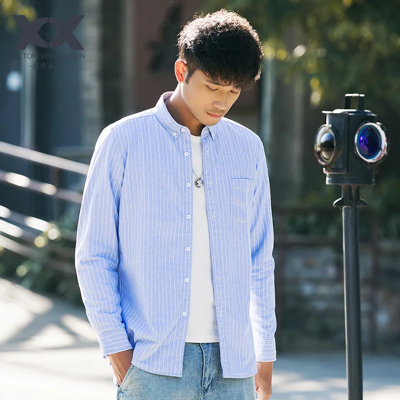 

Autumn and winter plus velvet shirt men's Japanese retro pinstripe casual men's thick warm shirt Korean version of the slim tide