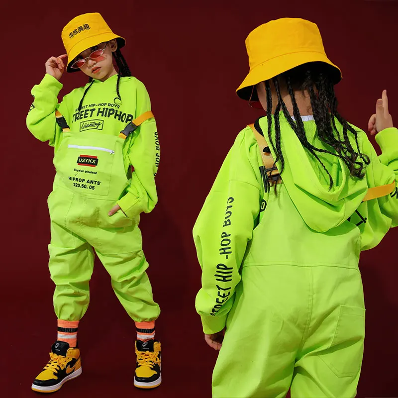 Танцевальные костюмы в стиле хип-хоп; детский флуоресцентный зеленый комбинезон; брюки в стиле хип-хоп; Детская уличная одежда для выступлений; Школьный костюм для девочек; BI032