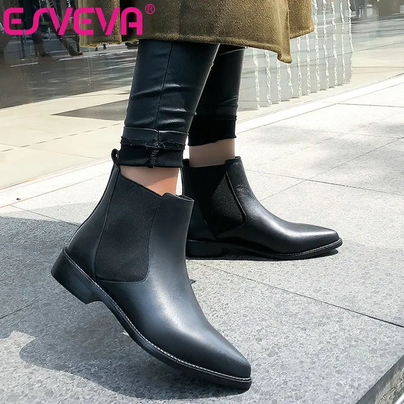 

ESVEVA 2020 Women Shoes Winter Ankle Boots Square Med Heel Western Style Slip On Elegant Motorcycle Platform Boot Size 34-42