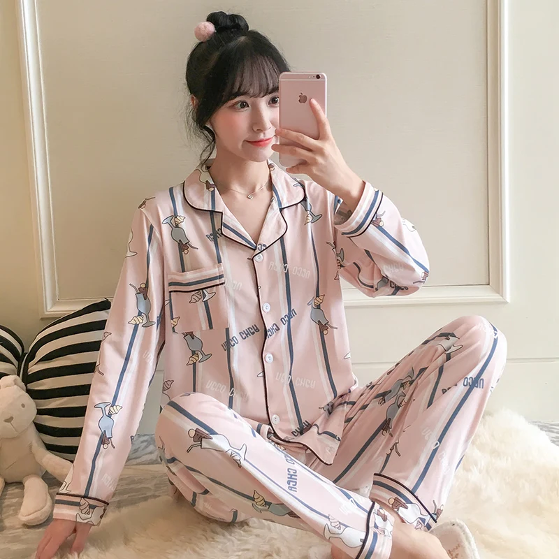 

2019 New Women's Pajamas Sets autumn Long Sleeve Cartoon Print Cute Sleepwear Girl Pijamas Mujer Leisure Nightgown Adult clothes
