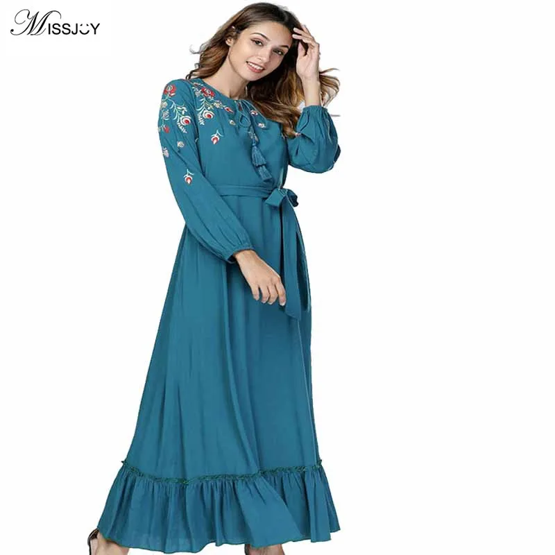

New Muslim Abaya kaftans Ruffled Dress Maxi Long Sleeve Embroidered Bow Belt Fashion Vestidos Islamic Dubai Elbis