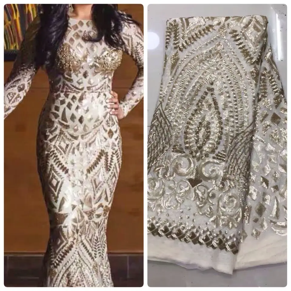 

Gold Sequined Indian Lace Fabric 2020 White Nigeria Mesh Voile Net Tulle Guipure Lace African Women Evening Dress Sequins Fabric