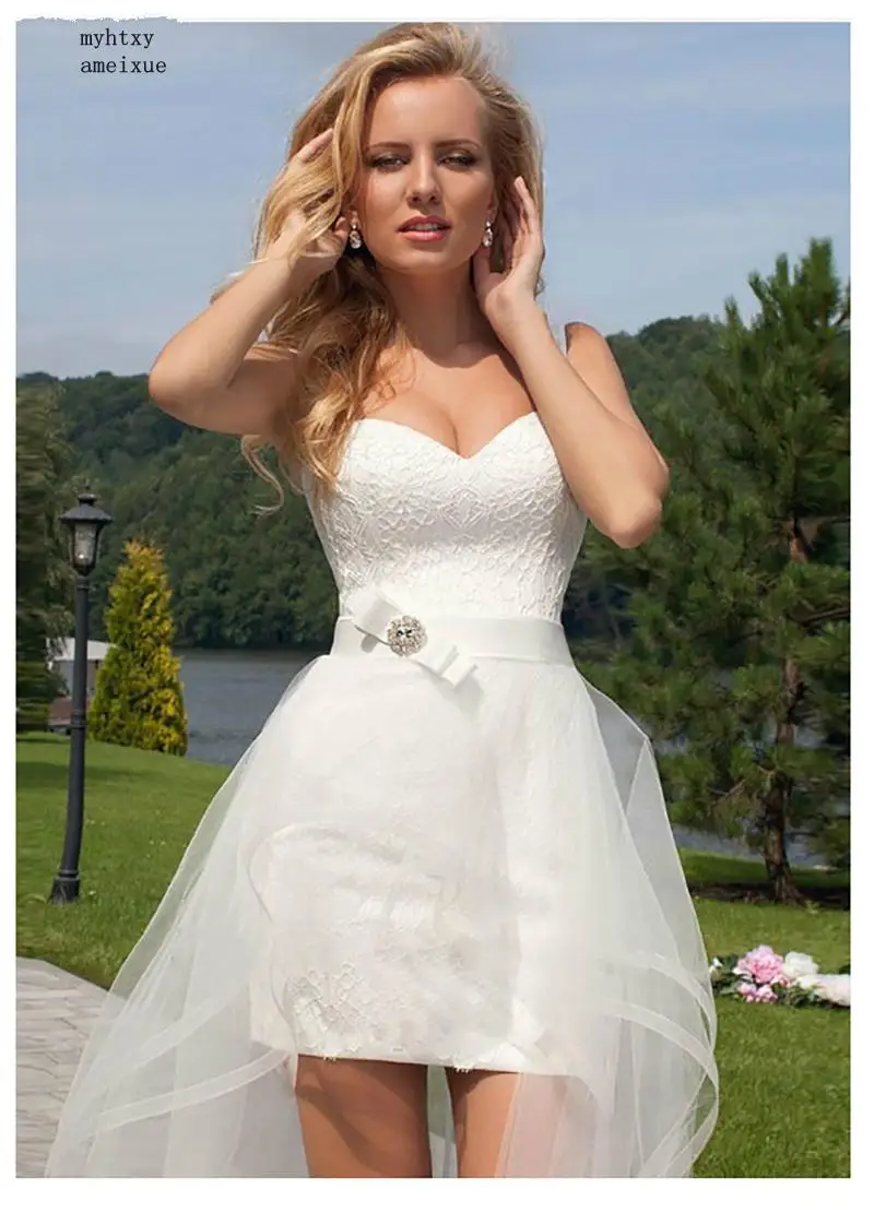 2020 Princess Cheap Lace Wedding Dress Sweetheart Detachable Train Gown Sleeveless Boho Short Skirt Beach Bride Simple Plus Size 3