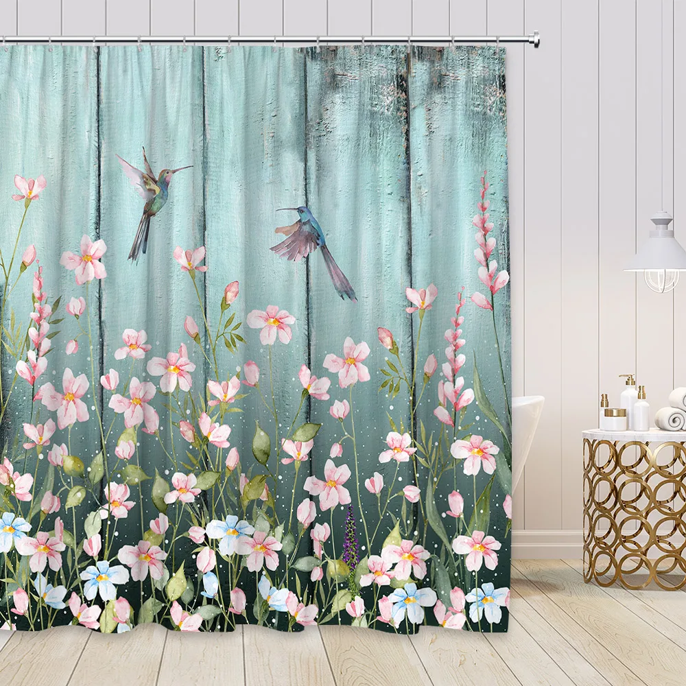 

Шторы для душа с изображением деревянных досок и цветов