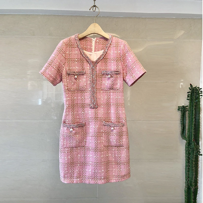 Стиль твидовое розовое осеннее платье женское мини рождественское облегающее платье Vestidos Invierno Mujer ropa mujer N9670