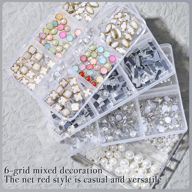 6 Grids Metal Rivet Nail Art Decoration Mix Style Stars Moon Gold Silver Strass Diamond Pearl Jewelry DIY 3D Nail Accessories