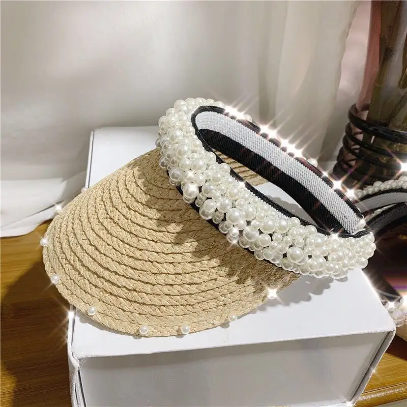 

Lafite Hat Hat Hat Hat with Empty Top Women's Manual Pearl Sun Hat Summer Beach Hat