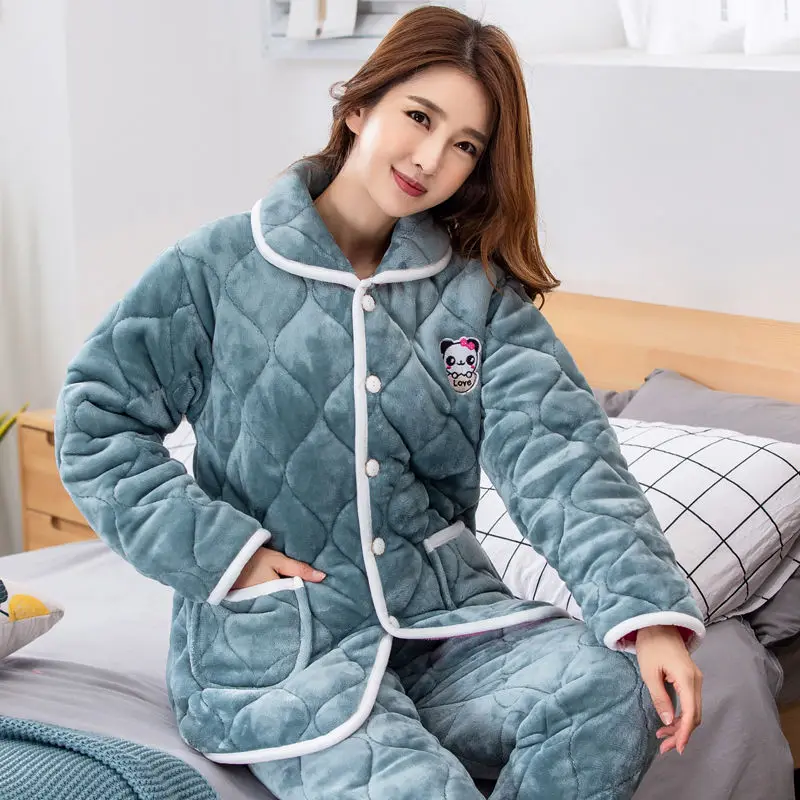 Dark green panda 3XL плюс размер утолщение хлопок бархат пижамы для женщин фланель зимняя теплая Домашняя одежда сладкий и прекрасный свободный костюм ночное белье - Цвет: Dark green panda