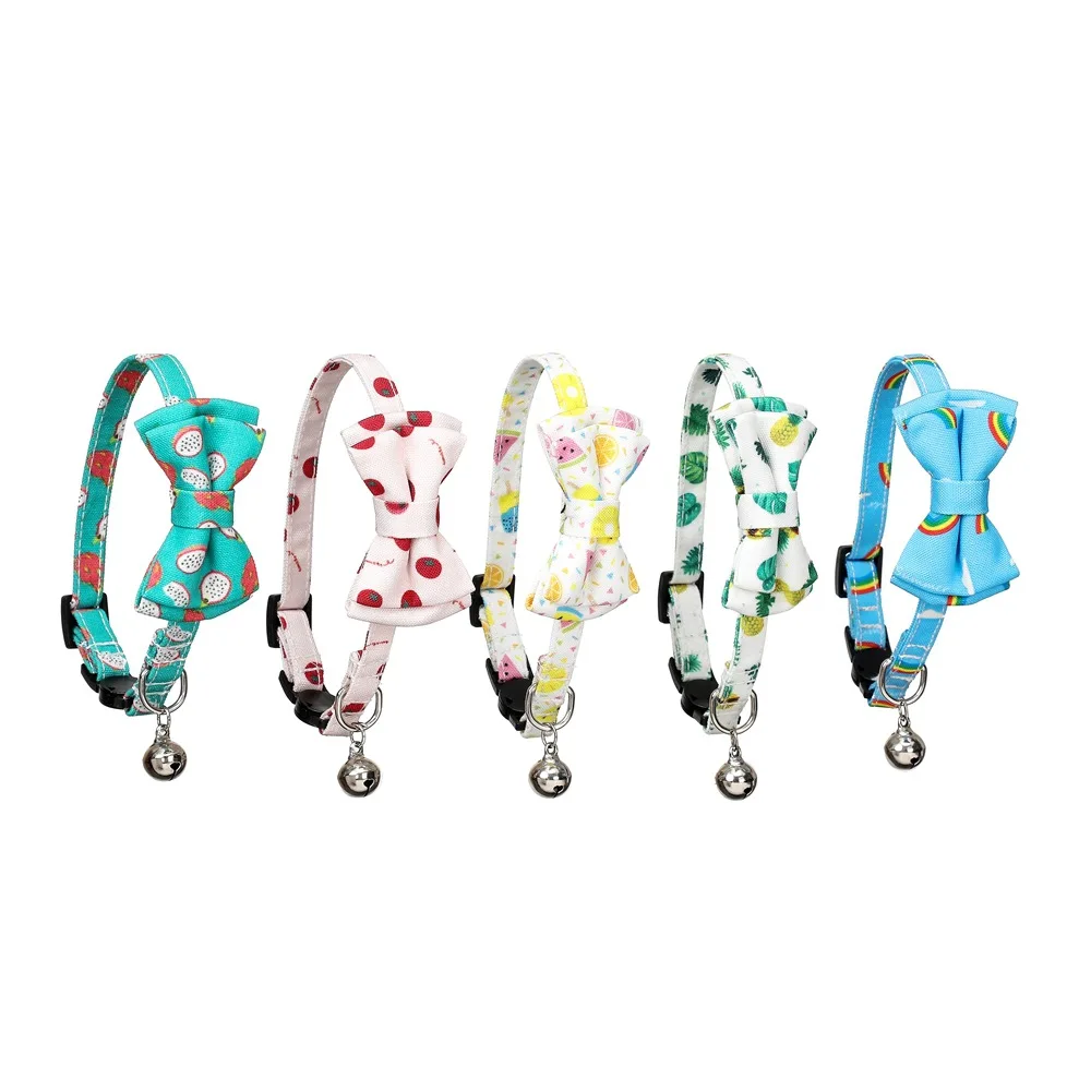 Breakaway Cat Collar with Bell and Accessories Summer Printing Kitten Collar Bowtie Safety for Kitty 10 Colors Adjustable
