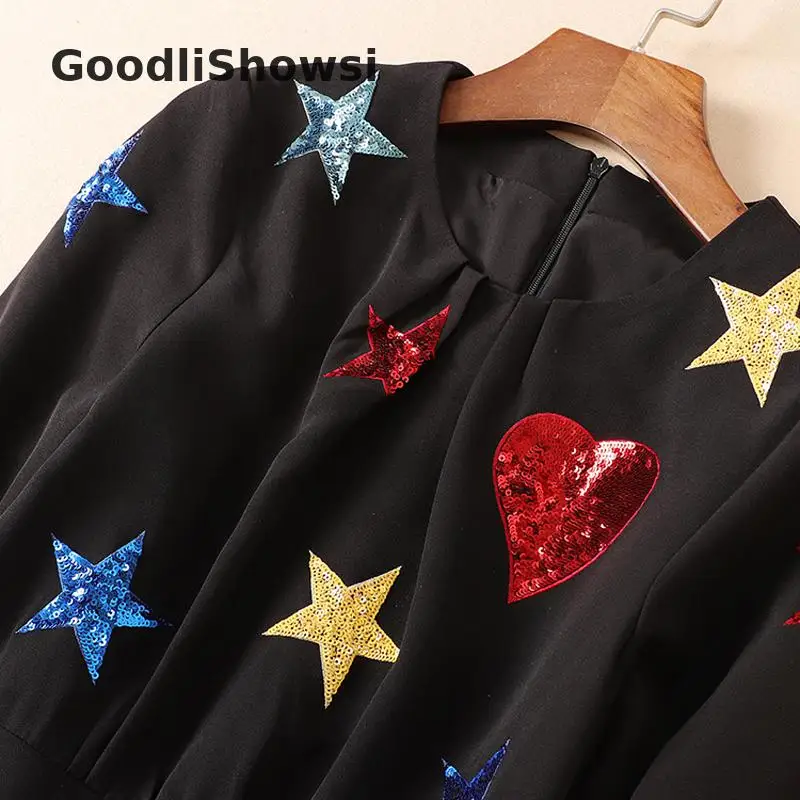 GoodliShowsi весеннее модное женское маленькое черное платье с блестками и круглым вырезом, повседневные женские мини платья с длинным рукавом