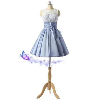 

cheap party prom free shipping new fashion A-line Knee Length Lace Taffeta real Simple Formal Gown with Bow bridesmaid dresses