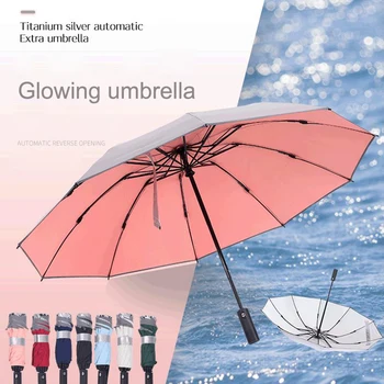 

Business Titanium silver Umbrella Men Windproof 10K Automatic Reverse Reflective Folding Umbrellas Rain Women Golf Parasol