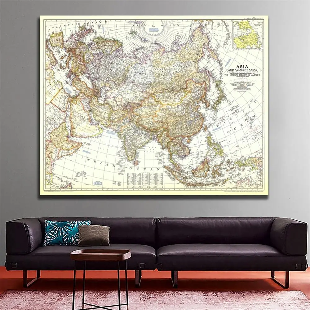 

A2 Size 1951 Edition Fine Canvas Map of Asia And Adjacent Areas For Office Classroom Wall Decoration